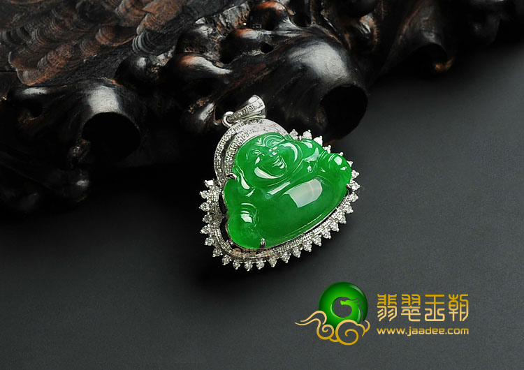 冰种正阳绿缅甸翡翠A货镶白金玉佛胸坠(真钻)