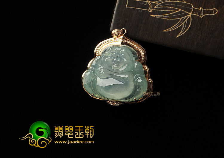 冰种晴水缅甸翡翠A货镶玫瑰金玉佛胸坠(真钻)