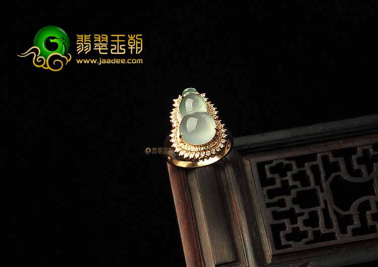 冰种晴水缅甸翡翠A货镶玫瑰金葫芦戒指(真钻)