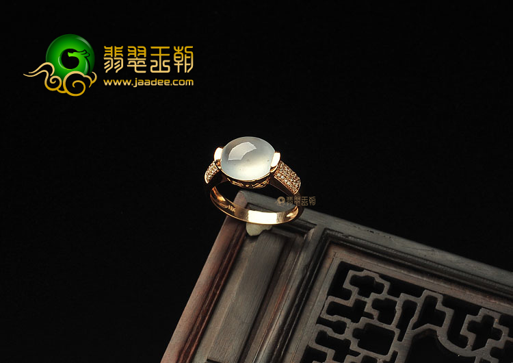 冰玻种无色缅甸翡翠A货镶玫瑰金戒指(真钻)