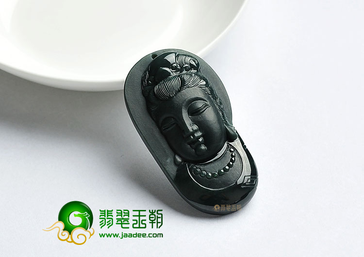 糯冰种墨翠缅甸翡翠A货观音头挂件