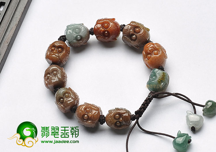 糯冰种晴水褐黄翡缅甸翡翠A货猴头手链