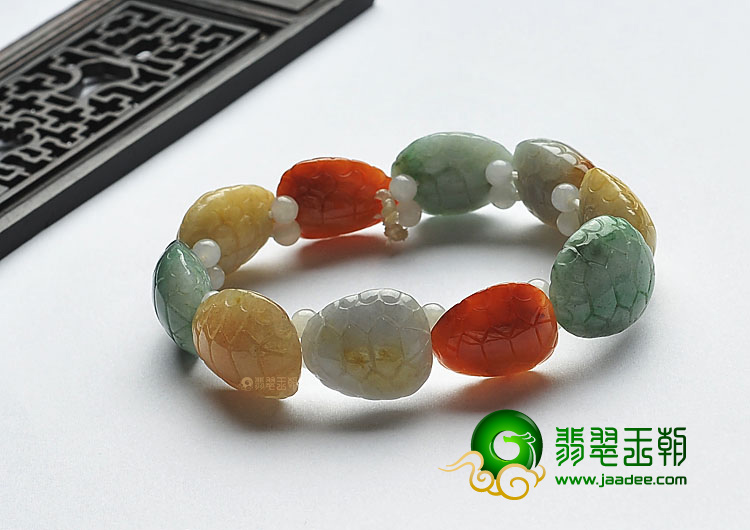 糯冰种三彩缅甸翡翠A货龟壳手链