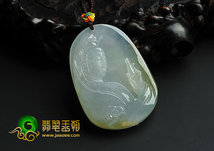 冰种晴水略带黄翡缅甸翡翠A货观音挂件