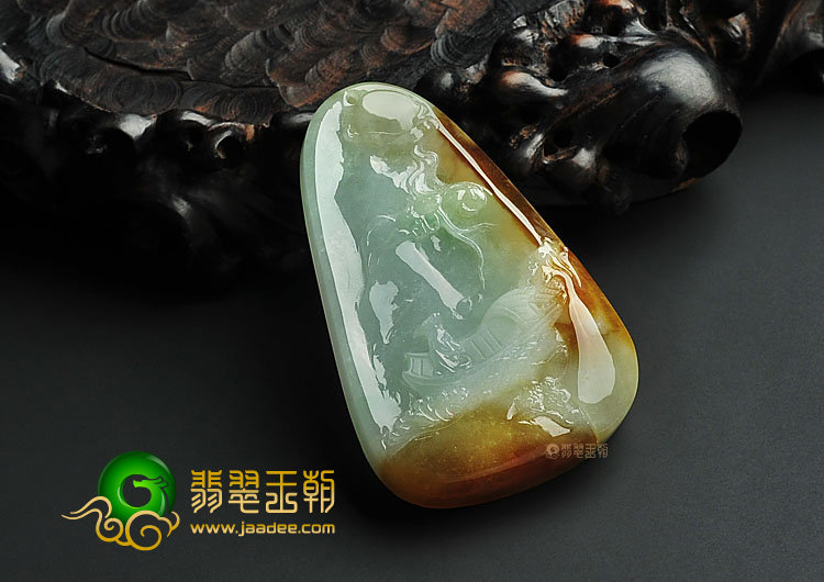冰种晴水褐黄翡缅甸翡翠A货山水牌挂件