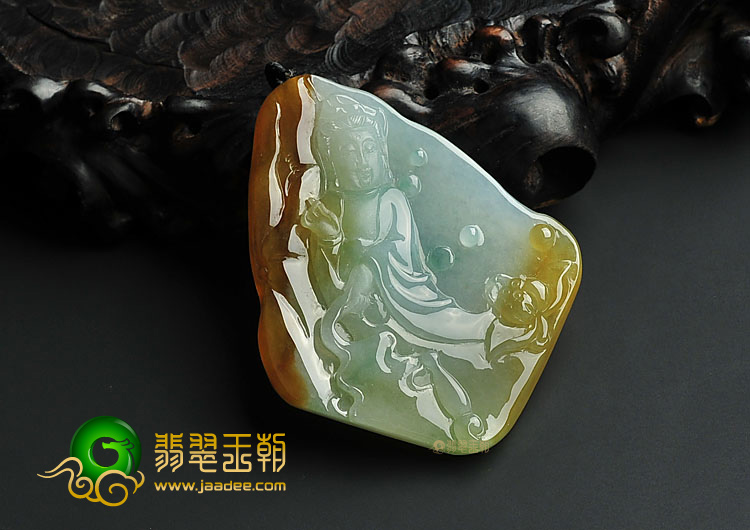 冰种褐黄翡晴水缅甸翡翠A货站观音挂件