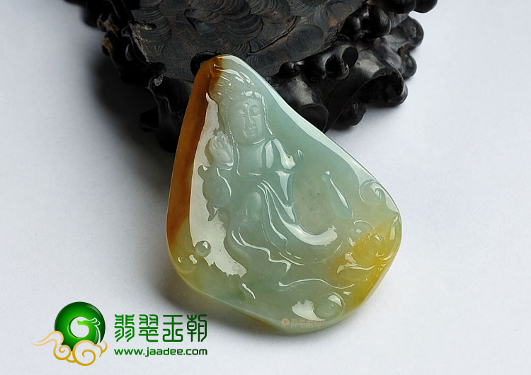 冰种褐黄翡晴水缅甸翡翠A货站观音挂件