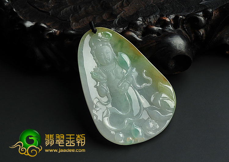 冰种褐黄翡略飘花缅甸翡翠A货站观音挂件