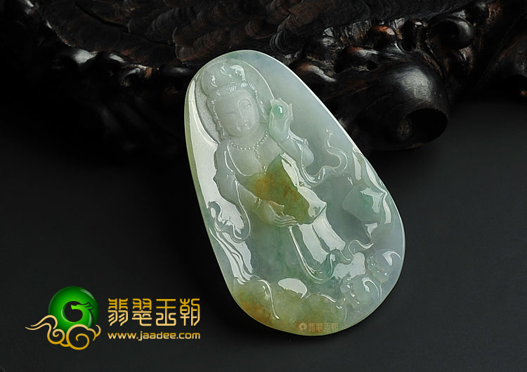 冰种褐黄翡略飘花缅甸翡翠A货站观音挂件