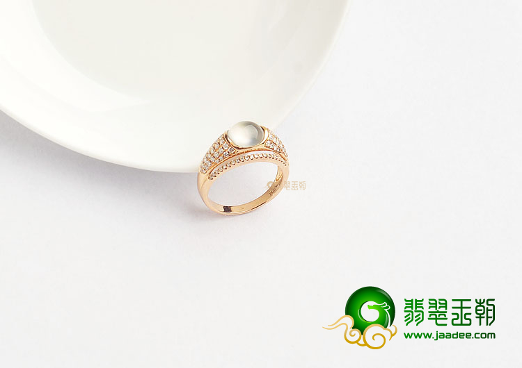 玻璃种无色缅甸翡翠A货镶玫瑰金戒指(真钻)