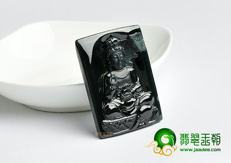 冰玻种墨翠缅甸翡翠A货观音挂件