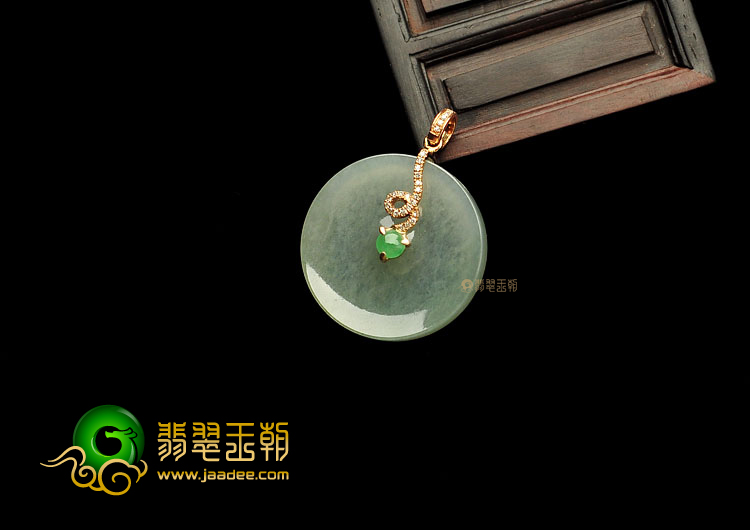 糯冰种晴水缅甸翡翠A货镶玫瑰金平安扣胸坠(真钻)