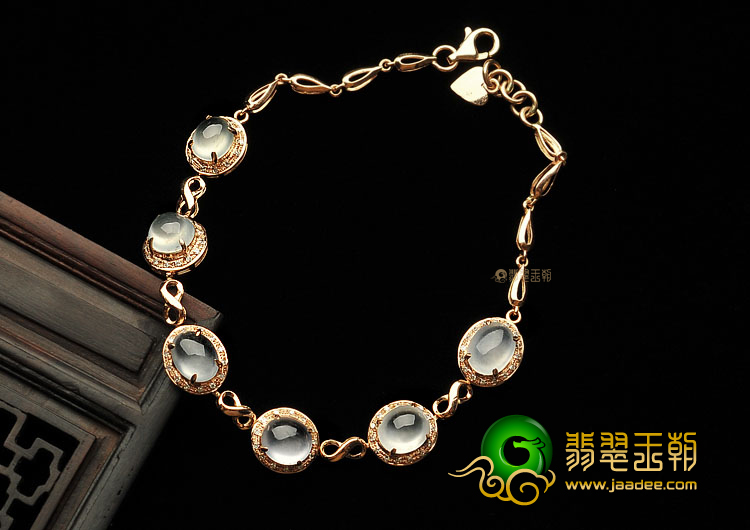 冰玻种无色缅甸翡翠A货镶玫瑰金手链(真钻)