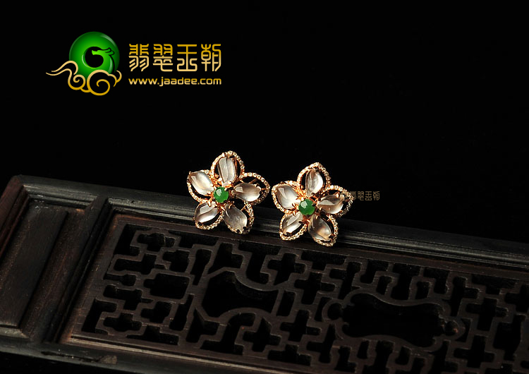 玻璃种无色缅甸翡翠A货镶玫瑰金耳钉(真钻)