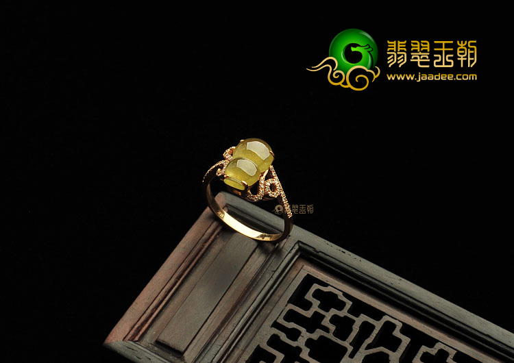 冰种黄翡缅甸翡翠A货镶玫瑰金葫芦戒指(真钻)
