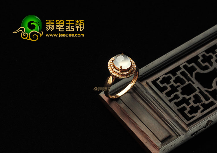 冰玻种无色缅甸翡翠A货镶玫瑰金戒指(真钻)