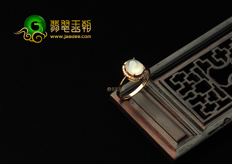 冰种无色缅甸翡翠A货镶玫瑰金戒指(真钻)