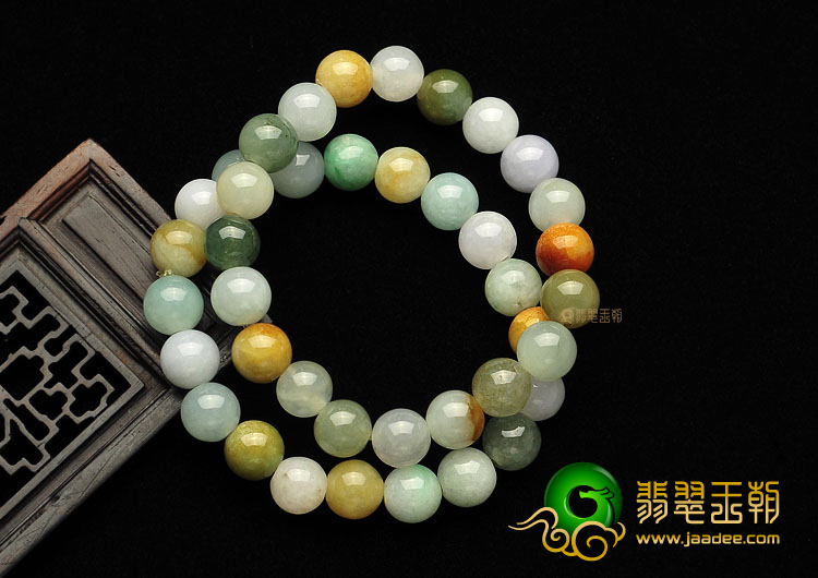 糯冰种三彩缅甸翡翠A货手链(一对)
