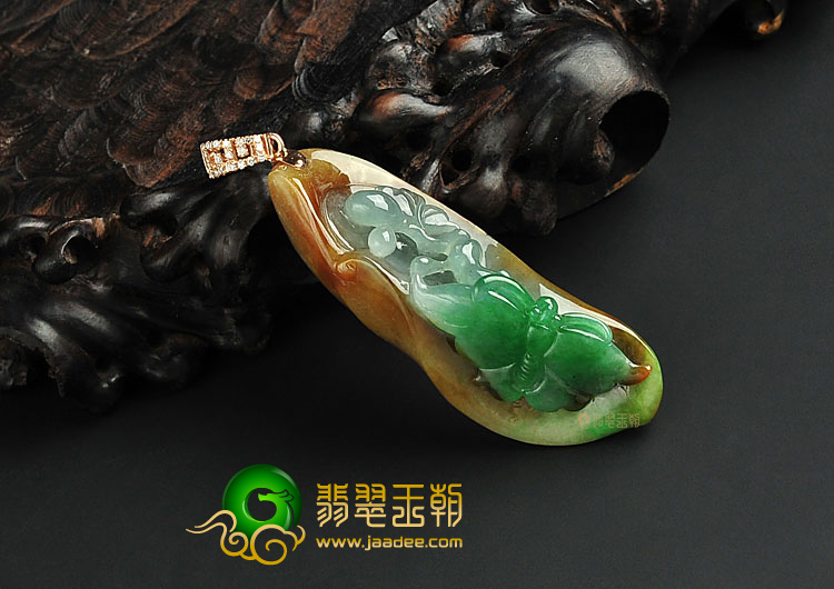 糯冰种黄加绿缅甸翡翠A货蝴蝶挂件