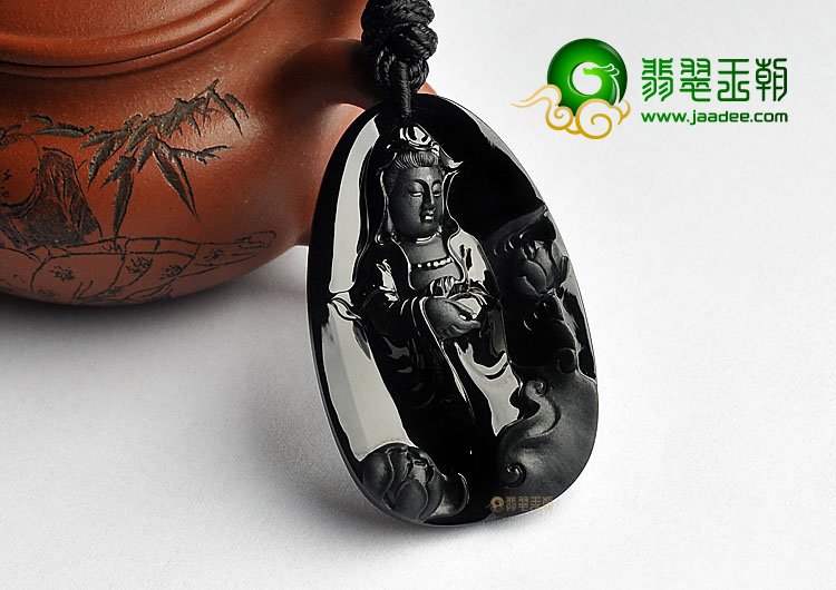 冰玻种墨翠缅甸翡翠A货站观音挂件