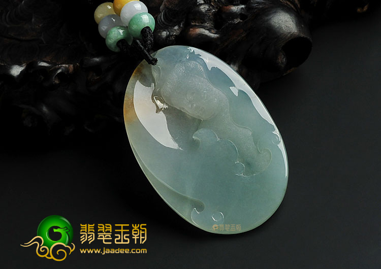 冰种飘花略带黄翡缅甸翡翠A货观音挂件