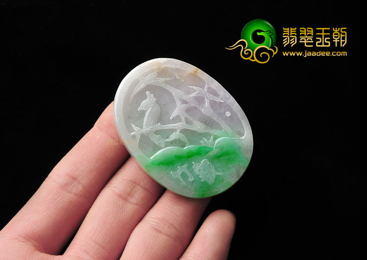 (超值推荐)糯冰种春带彩缅甸翡翠A货竹报平安挂件