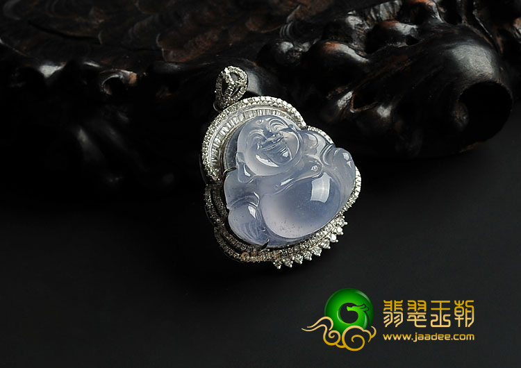 冰种紫罗兰缅甸翡翠A货镶白金玉佛胸坠(真钻)