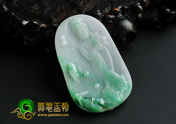 糯冰种飘翠缅甸翡翠A货站观音挂件
