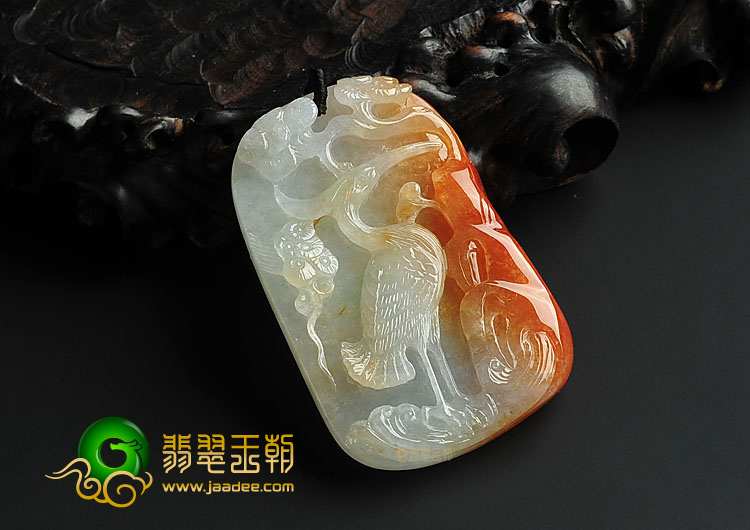 糯冰种红黄翡缅甸翡翠A货松鹤延年挂件