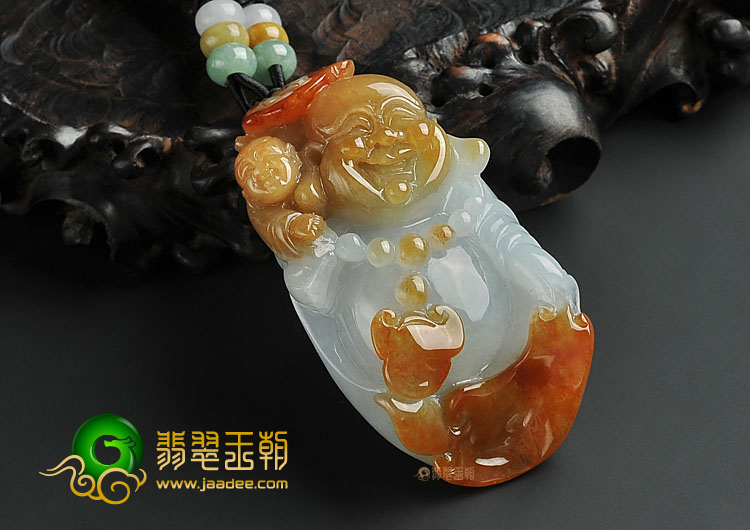糯冰种红黄翡缅甸翡翠A货童子拜佛挂件