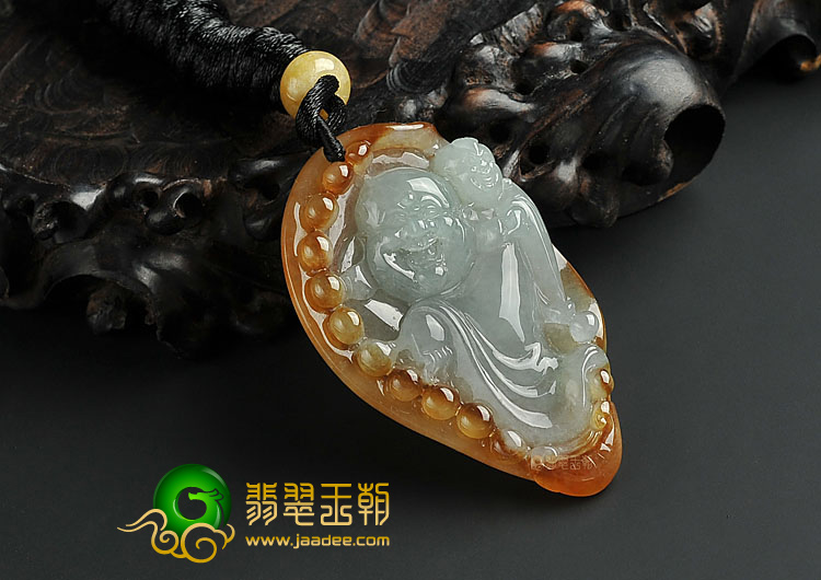 冰种褐黄翡缅甸翡翠A货童子拜佛挂件