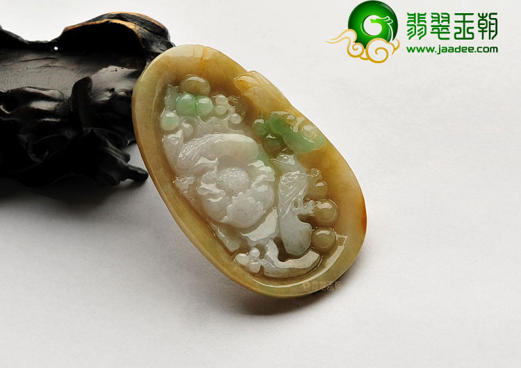 糯冰种黄翡飘花缅甸翡翠A货花开富贵挂件