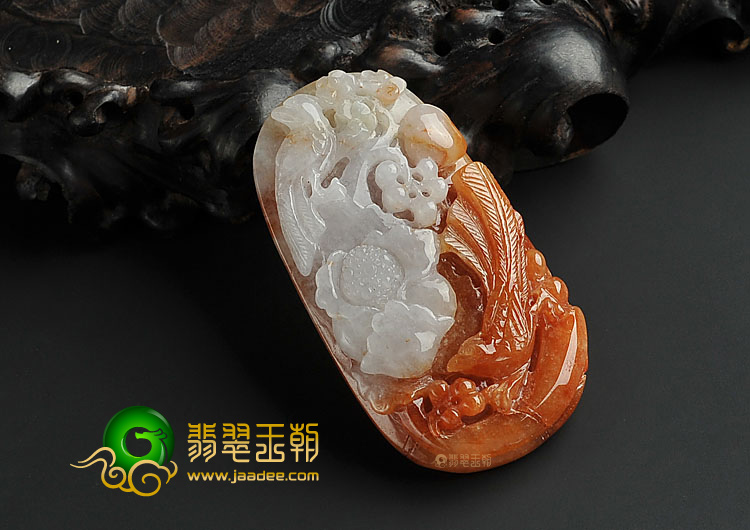 糯冰种红黄翡缅甸翡翠A货鸟语花香挂件