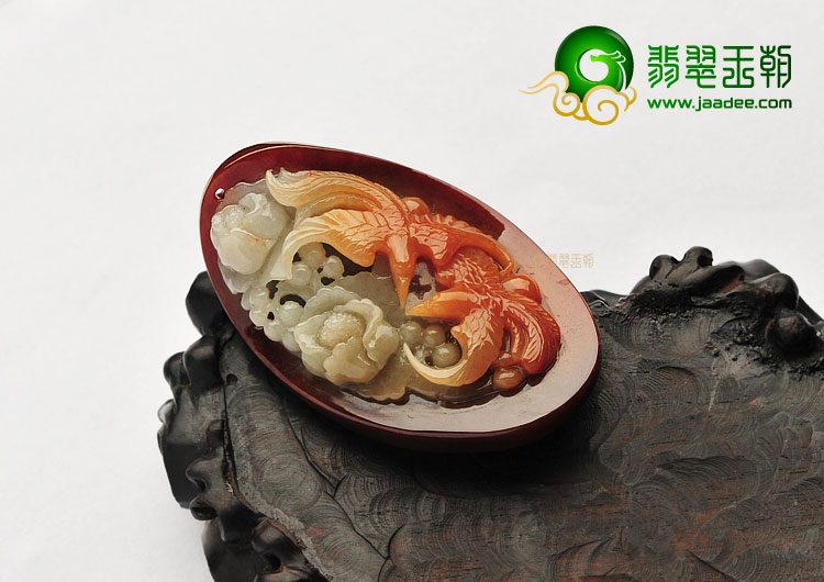 糯冰种褐黄翡缅甸翡翠A货鸟语花香挂件