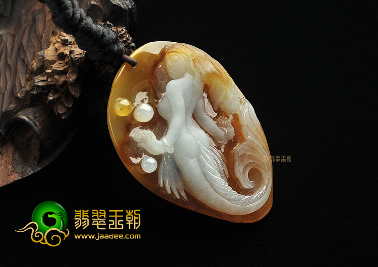 冰种褐黄翡缅甸翡翠A货美人鱼挂件