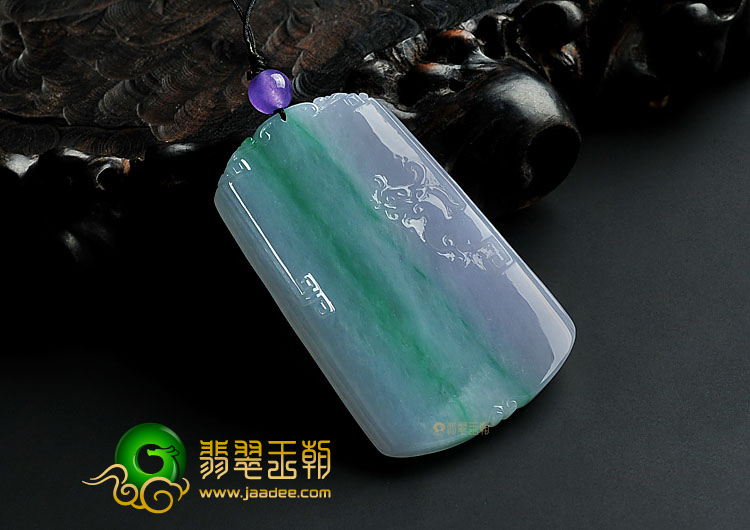 冰种春带彩缅甸翡翠A货仿古龙凤牌挂件