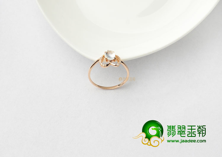 玻璃种无色缅甸翡翠A货镶玫瑰金心型戒指(真钻)