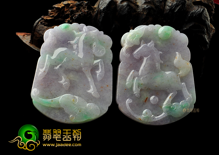 糯冰种春带彩缅甸翡翠A货马到成功挂件(一对)