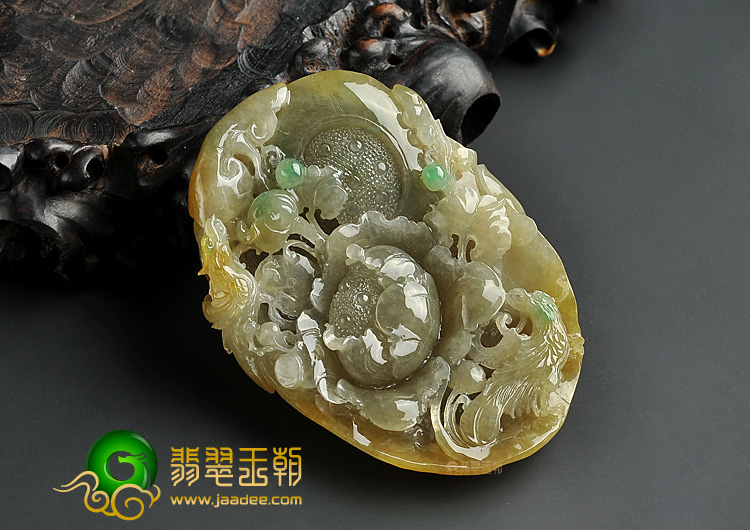 糯冰种黄加绿缅甸翡翠A货鸟语花香挂件