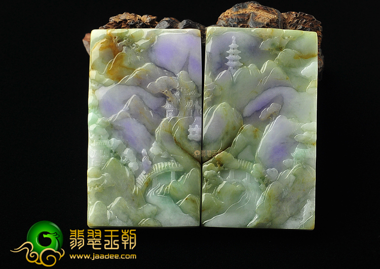 糯冰种三彩缅甸翡翠A货富春山居挂件(一对)