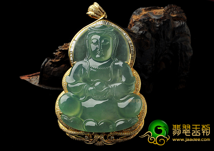 (超值推荐)冰玻种晴水镶黄18K金观音胸坠(真钻)
