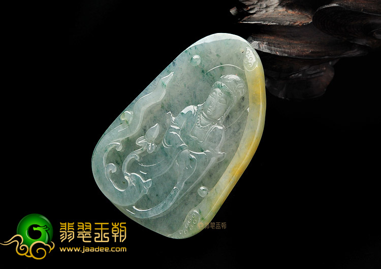 冰种飘花带黄翡缅甸翡翠A货站观音挂件