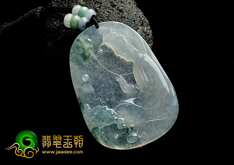冰玻种飘花缅甸翡翠A货观音挂件