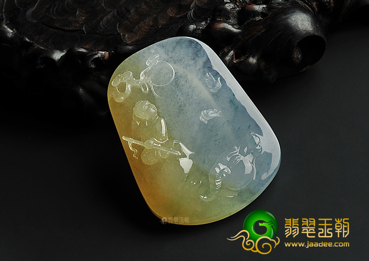 冰种黄翡飘花缅甸翡翠A货童子戏牛挂件
