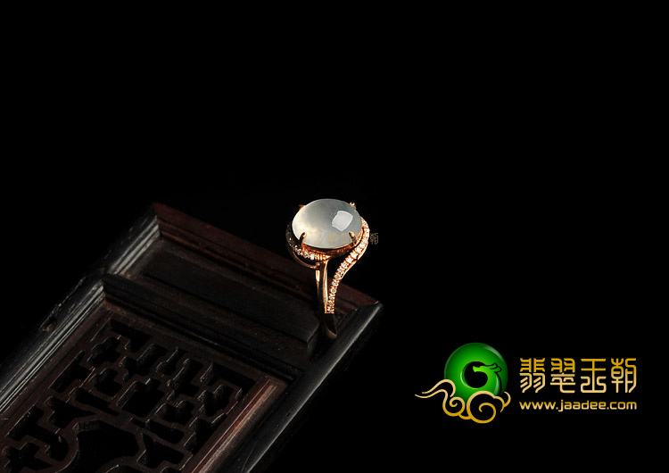 冰种无色缅甸翡翠A货镶玫瑰金戒指(真钻)