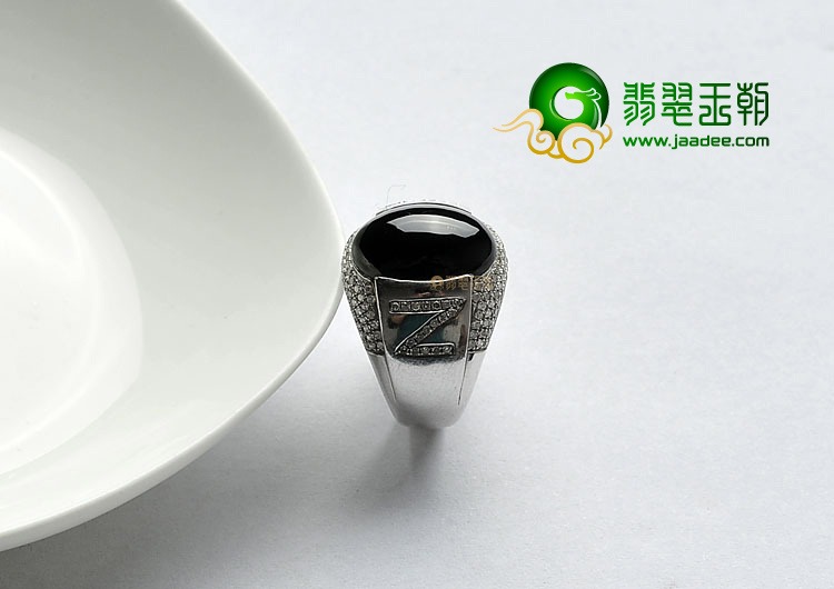 冰种墨翠缅甸翡翠A货镶白金戒指(真钻)