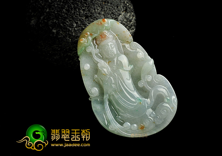 糯冰种飘花缅甸翡翠A货站观音挂件