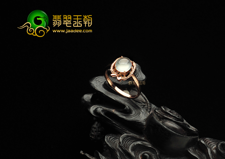 冰玻种无色缅甸翡翠A货镶玫瑰金戒指(真钻)