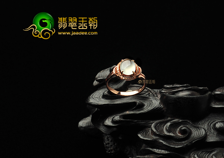冰玻种无色缅甸翡翠A货镶玫瑰金戒指(真钻)