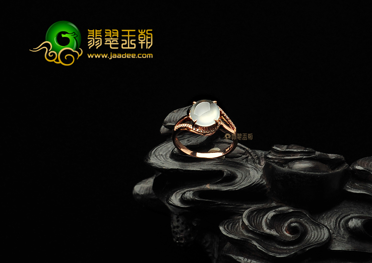 冰玻种无色缅甸翡翠A货镶玫瑰金戒指(真钻)